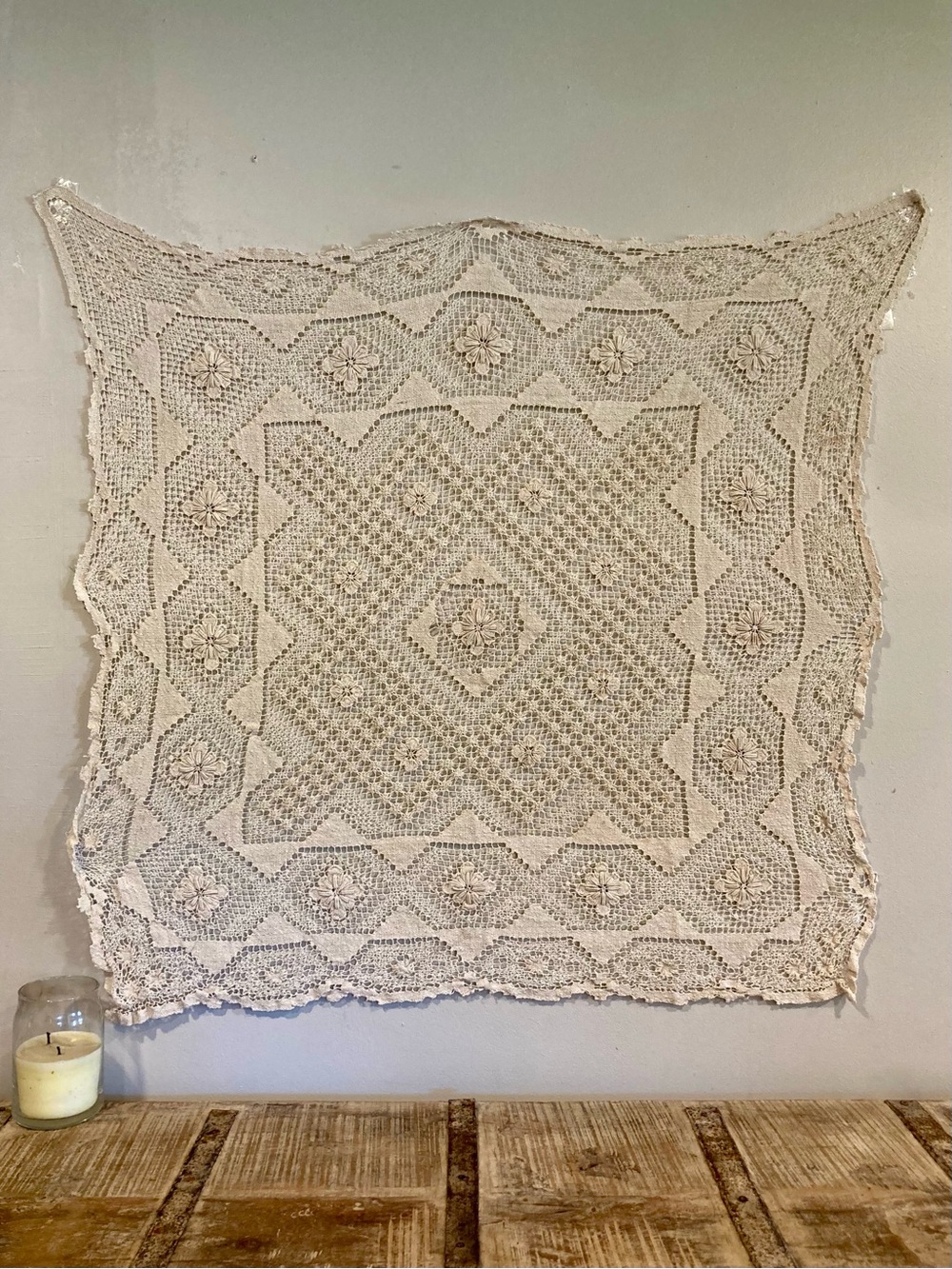 Crochet Tablecloth Square Floral Design In Cream Color - Picture 2 of 13